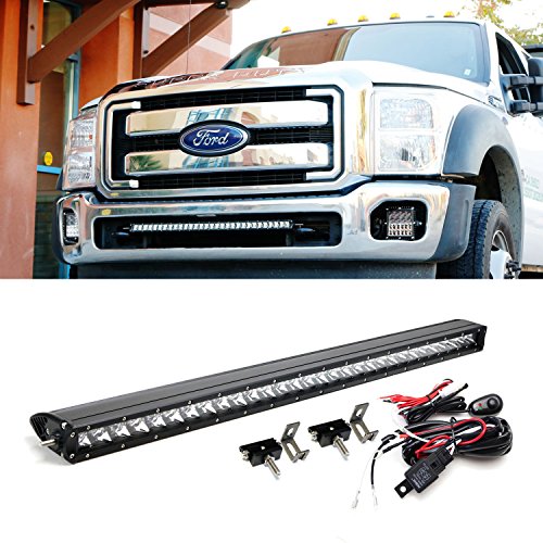 iJDMTOY 30" 150W Single Row CREE LED Light Bars w/ Lower Bumper Opening Area Mount Brackets & Switch Relay Wires For 2011-2016 Ford F-250 F-350 Super Duty