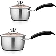 TeamFar 1qt & 2qt Saucepan with Lid, Stainless Steel Small Cooking Pot, Milk Sauce Pan with Long Handle for Home Kitchen, Non-Toxic & Heavy-Duty, Multi-use & Dishwasher Safe