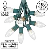 C9 Clear Christmas String Light Set - Outdoor Christmas Light String - Christmas Tree Lights - Hanging Christmas Lights - Roofline Light String - Outdoor Patio String Lights - Green Wire - 100 Foot