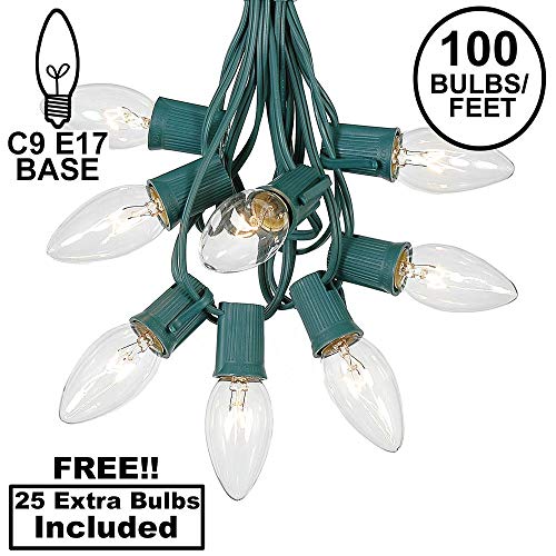 C9 Clear Christmas String Light Set - Outdoor Christmas Light String - Christmas Tree Lights - Hanging Christmas Lights - Roofline Light String - Outdoor Patio String Lights - Green Wire - 100 Foot