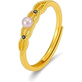 LiteVibe Gold Pearl Ring for Women - Adjustable 14k Gold Cute Engagement Ring Dainty Pearl Finger Ring