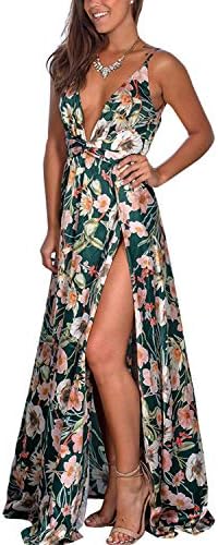 Women's Deep V Neck Backless Spaghetti Strap High Split Floral Maxi Dress Cocktail Party Long Dress