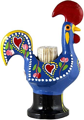 Hand Painted Traditional Portuguese Aluminum Toothpick Holder Good Luck Rooster (Blue)