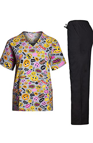 MedPro Women's Medical Scrub Set Emoji Print Wrap Top and Cargo Pants Multicolored L