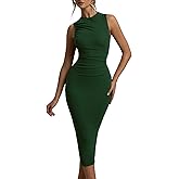 FairBeauty Women's Bodycon Tank Dress Crew Neck Sleeveless Casual Ruched Pencil Midi Dresses