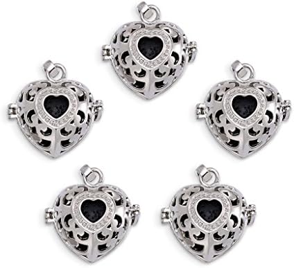 Romance Jewelry 5Pcs Hearts Diffuser Locket Aromatherapy Essential Oil Pendant Cage Locket with Lava Beads, Rhodium Plated