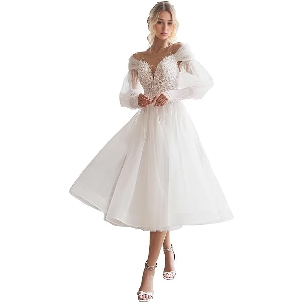 benoui Sparkly Tulle Western Wedding Dresses for Women Midi A Line Backless  Off Shoulder Long Sleeve Formal Wedding Dresses White US0 at Amazon Women's  Clothing store