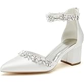 YWXYMGE Wedding Shoes for Bride Block Heel Satin Rhinestones Bridal Shoes Prom Party Dress Pumps