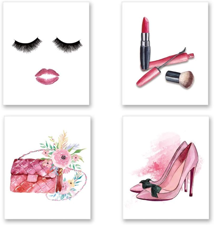 HLNIUC Fashion Makeup Art Poster 4 Piece Set (8"x10") Canvas Art Picture Print Lipstick, Red Lip Eyelash Art, High Heels Fashion Bag Girl Room Beauty Salon Wall Art Decor