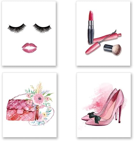 Make Up Wall Art Lips Wall Art Unframed Salon Decor Pink High Heels Pink Fashion Women Print Girl Room Decor Set Of 4 8x10 Handbag Print Fashion Wall Art Posters Handmade Products