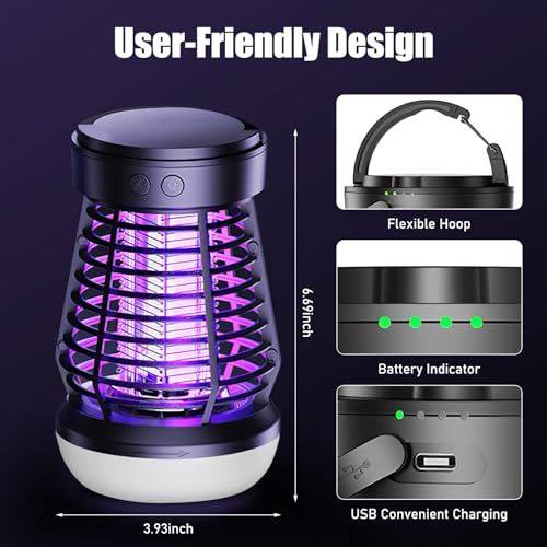 Geephiee Bug Zapper Outdoor Indoor with LED Light, Rechargeable Mosquito Zapper with 2000mAh Battery, 2000V Electric Fly Zapper for Home Patio Backyard Garden (Matte Black)