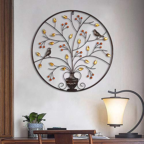 MKUN Iron Wall Sculptures Metal Round Wall Decor with Tree and Birds