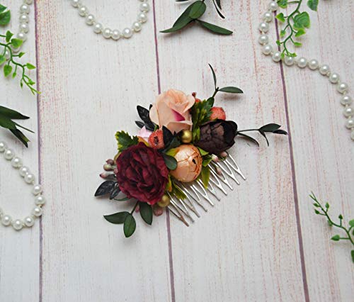 Amazon Com Burgundy Blush Orange Floral Hair Comb Eucalyptus