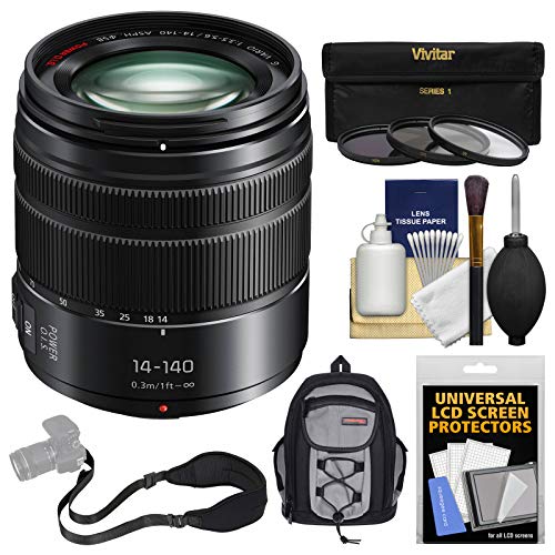 Panasonic Lumix G X Vario 14-140mm f/3.5-5.6 ASPH Power OIS Zoom Lens with Case + 3 Filters + Strap + Kit for G7, GF7, GH3, GH4, GM5, GX7, GX8 Cameras