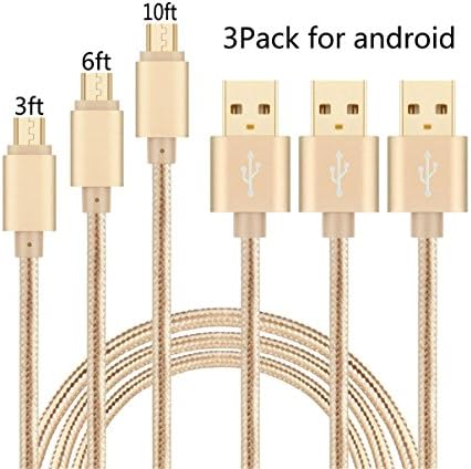 Micro USB Cable,3Pack 3FT 6FT 10FT Nylon Braided Tangle-Free High Speed USB 2.0 A Male to Micro B Sync and Charging Cord Wire for Samsung, HTC, Motorola, Nokia, Android, and More (GOLD)