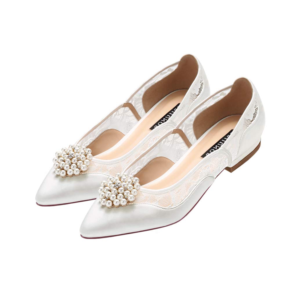 ERIJUNOR Lace Wedding Shoes Flats Ivory Satin Pointy Toe Comfortable Low Heel - Image 9