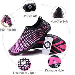 Schnorchelmasken Obermaterial: Neopren + Gummi, Weiche Sohlen, bequem und elastisch.
Innenmaterial: Polyester + Elasthan. Deshalb trocknen die Schuhe sher schnell. Atmungsaktiv, dünn, wie eine Haut.
Sohle: Die Sohle besteht aus rutschfestem Gummi. So können Sie Trost im Wasser, Turnhalle und am Strand spielen. Weich und flexibel.