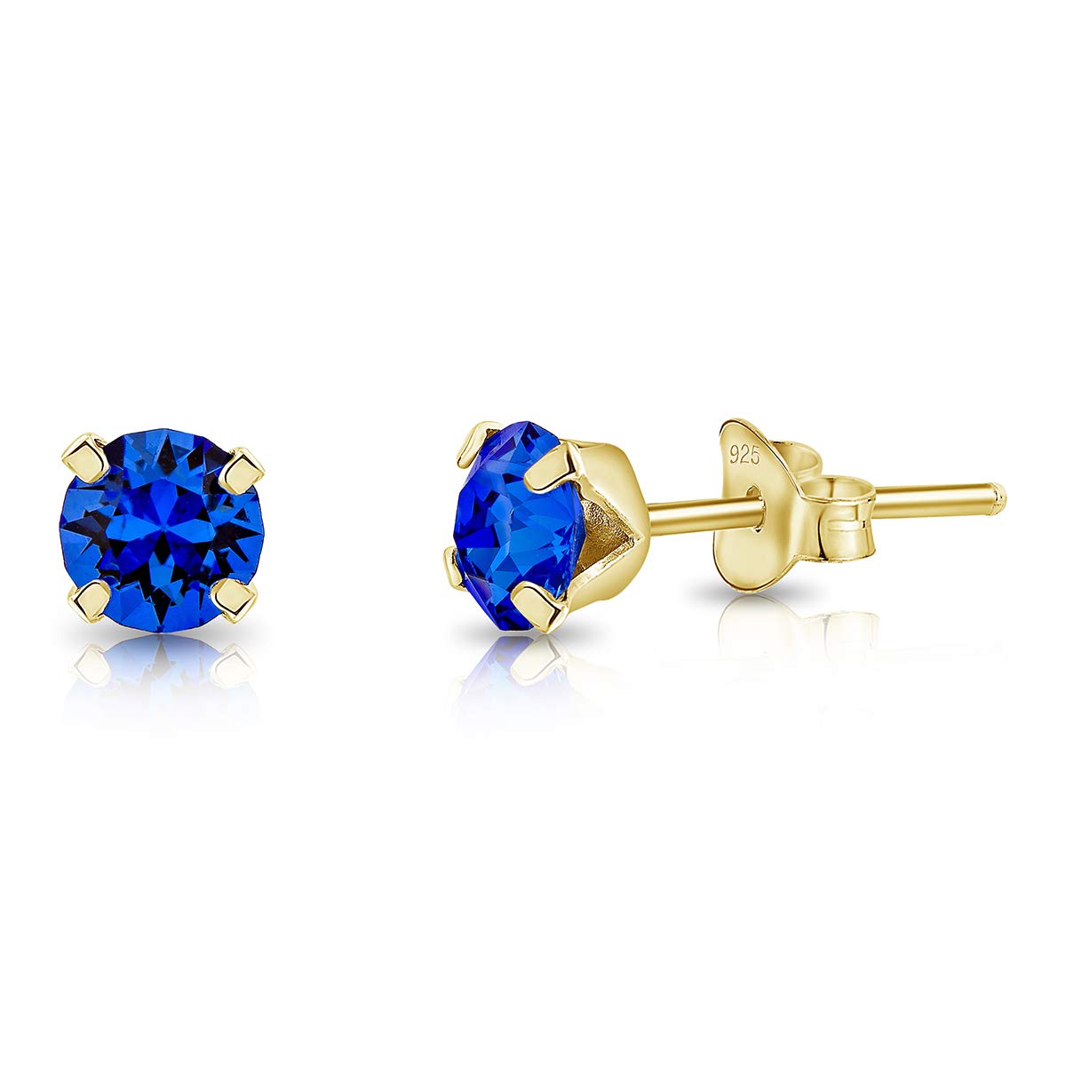 DTPSilver - 925 Sterling Silver Yellow Gold plated Round SMALL Stud Earrings made with Glittering Crystals from Swarovski® Elements - Diameter: 5 mm - Colour : Blue Sapphire