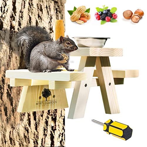Squirrel Feeder Picnic Table with Corn Holder and Water Bowl, Pine Wood