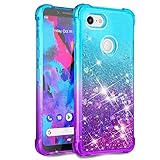 Pixel 3a Case,Google Pixel 3a Flower Case,Dzxouui TPU Protective Cover for Girls and Women Glitter Bling Sparkle Cute Phone Case for Pixel 3a(Teal/Purple)