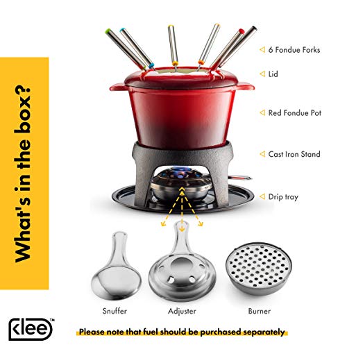 Klee 12-Piece Cast Iron Fondue Set with Red Fondue Pot, 6 Fondue Forks, Fondue Burner and Fondue Pot Base, 44 oz - Thumbnail 2