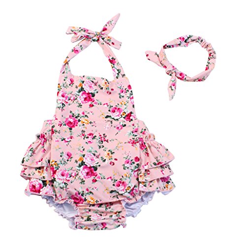 China Rose 50's Floral Ruffles Rompers Backless Dress Bathing Suit Swimwear (Medium,Pink)