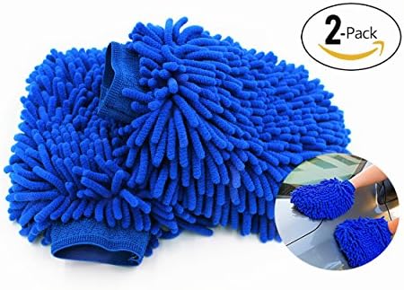 Chenille Microfiber Car Wash Mitt Super Absorbent Wash Glove Highest Density Polishing Wax Mitt with Double Sided Internal Water Proof Lint-free Scratch Free for Car Mirror Furniture Glass 2-Pack