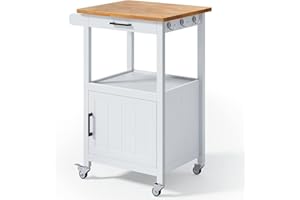 Qsun Rolling Kitchen Island Cart with Drawer, Storage on Wheels, Small Home Coffee Bar, Microwave Stand, Table/Cabinet and Side Hook, White