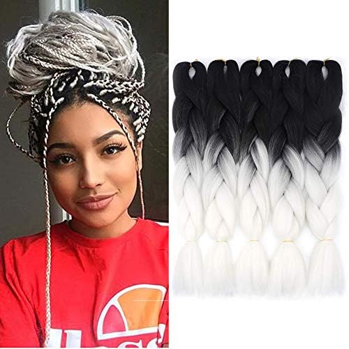 5pcs Jumbo Braid, Ombre Jumbo Braiding Hair, Kanekalon Synthetic Braiding Hair Extensions, Jumbo Braids 24inch 5pcs/lot (Black white)