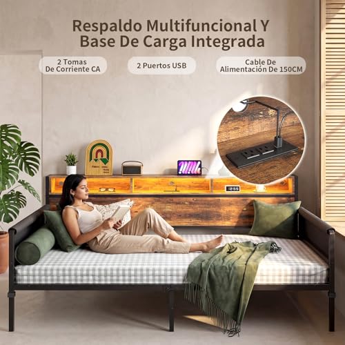 112*195*105CM Grande Sofa, Sofá Cama, Sofá Cama Individual con Respaldo con Almacenaje, luz LED y Toma de Corriente, Sofá Para Sala Apto Para Colchón de 100*190 (Sin Colchón)（Color Retro）