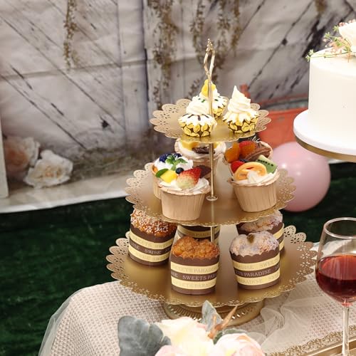 GMWD Set of 7 Gold Cake Stand Desserts Display Table Pedestals 3-Tiered Cupcakes Holder Serving Tray Decorative Weddings Birthdays Party Baby Showers Celebrations