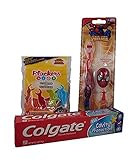 Children's Dental Care Bundle with Colgate Bubble Fruit Toothpaste 2.7 oz, Plackers Dental Flossers, and Dr. Fresh Spiderman Toothbrush and Cover