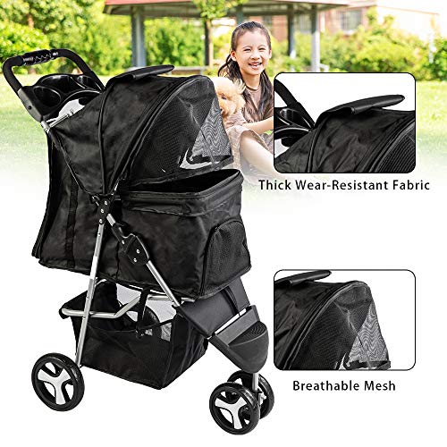 Besthls Pet Stroller for Cats/Dogs, 3 Wheel Dog Stroller with Removable Liner, Storage Basket and Cup Holder, Bonus Rain Cover - Thumbnail 4