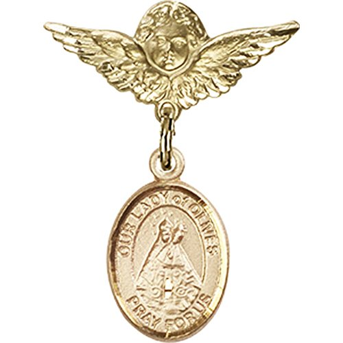14kt Yellow Gold Baby Badge with Our Lady of Olives Charm and Angel w/Wings Badge Pin 1 X 3/4 inches