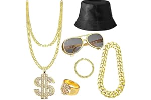 6 Pcs Hip Hop Costume Outfit Jewelry Set, 80s 90s Halloween Hip Hop Costume Theme Outfit Rapper Accessories for Men Women