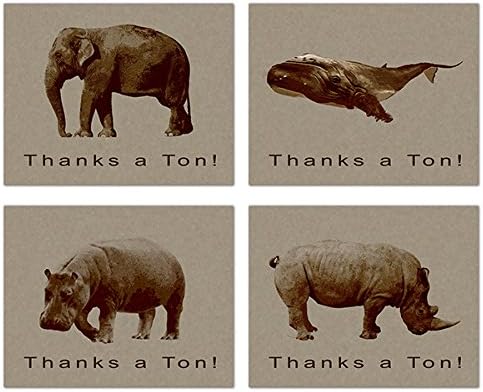 Thank You Cards - Thanks a Ton - Elephant - Whale - Rhinoceros - Hippopotamus - Vintage - Blank on The Inside - Includes Cards and Envelopes - 4 Unique Designs - 5.5" x 4.25" (12 Pack)