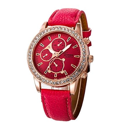 Shocknshop Women's Watch Luxury Fashion Leather Band Analog Quartz Round Wristwatches Rhinestone Leather Watch Women's Casual Dress P5 (Red)