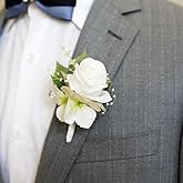 Latious Wedding Flower Boutonniere Groom Rose Buttonholes Prom Suit Decoration for Men (White)