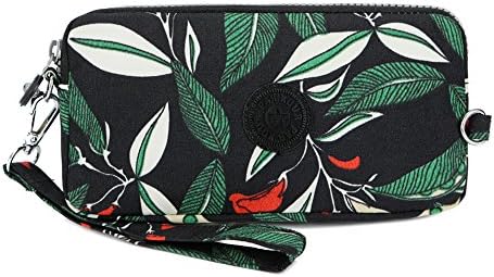 Sumcoa Womens Multi-purpose Canvas Casual Waterproof Nylon Wristlet Clutch bag Handbag Zipper Purse Cell Phone Money Pouch Wallet (Black Leaves)