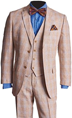 100% Linen Three-Piece Plaid Suit Sport Coat Jacket and Flat Front Pants.