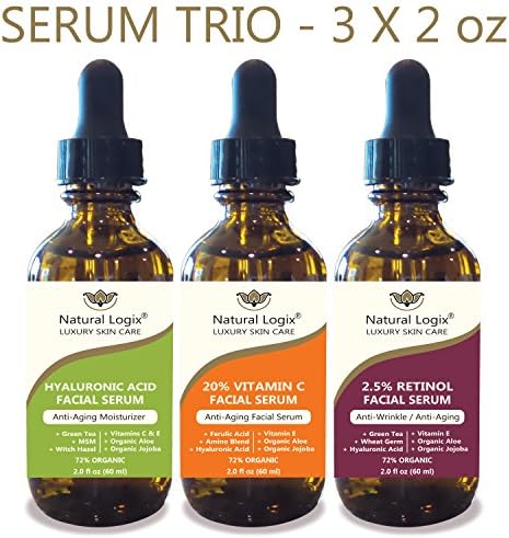 3 Bottle Serum Set – Natural Logix Anti-Aging Serum Trio - 20% VITAMIN C (2oz) | 2.5% RETINOL (2oz) | HYALURONIC ACID (2oz), Penetrates to Reduce Wrinkles, Fade Dark Spots, Evens Skin Tone, 3 X 2 oz