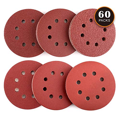Tacklife Sanding Discs, 60 PCS Extra Thick Sander Paper, 5 Inch 8 Holes Dustless Hook and Loop, 40/60/80/120/180/240 Grit Sandpaper, Ideal for Sanding/Polishing/Derusting - ASD03C