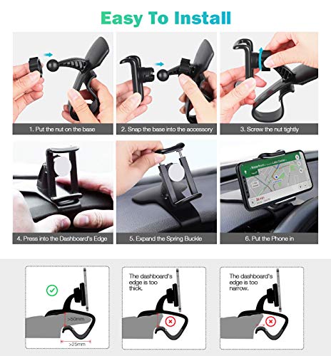 Dashboard Cell Phone Holder, Makeasy 2 in 1 Dashboard Car Phone Mount and Air Vent Car Phone Mount Suitable for 4 inches to 6.5 inches Smartphones, 360-Degree Rotation Adjustable Mobile Clip Stand