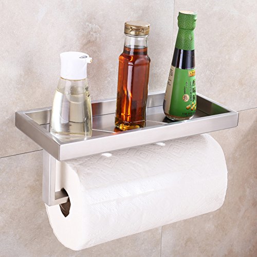 Paper Towel Holder with Shelf, APLusee SUS304 Stainless Steel Bathroom Toilet Paper Holder with Wet Wipes Dispenser, Kitchen Seasonings Spice Rack Storage Organizer, Brushed Nickel