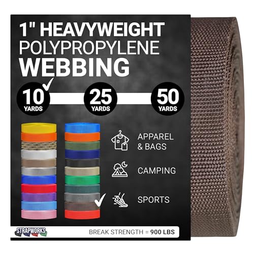 Strapworks Heavyweight Polypropylene Webbing - Heavy Duty Poly Strapping for Outdoor DIY Gear Repair, 1 Inch x 10 Yards - Brown