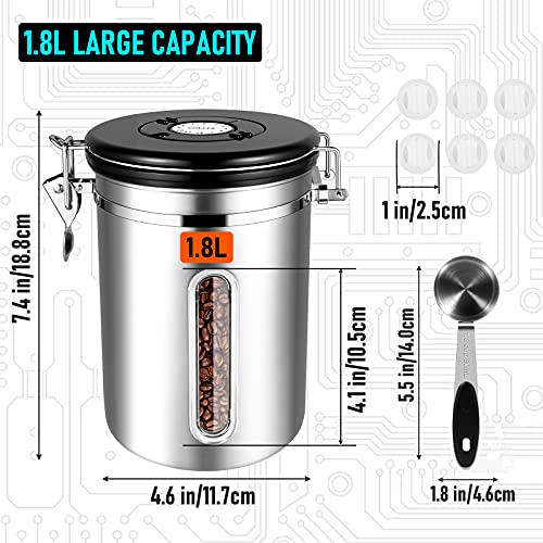 Kaffeedosen Luftdicht 1800ML Kaffeebohnen behälter mit transparentem Fenster, Vorratsdosen aus Edelstahl mit Datums-Tracker, 30ML Messschaufel und CO₂-Ventil für Kaffee Kaffeebohne Pulver, Zucker, Tee