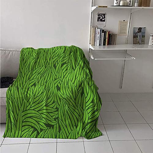 Maisi Custom Design Cozy Flannel Blanket, Hand Drawn Style Grass Pattern Abstract Simplistic Environmental Growth Eco, Oversized Travel Throw Cover Blanket 70x60 Inch Lime Green Emerald