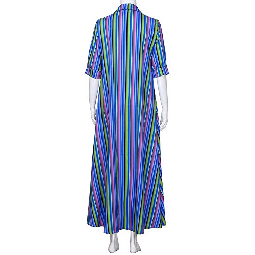 Women Multicolor Striped Buttons Lapel Half Sleeve Long Dress Casual Cocktail Club Party Robe Dresses Beach Sundress Blue - Thumbnail 4