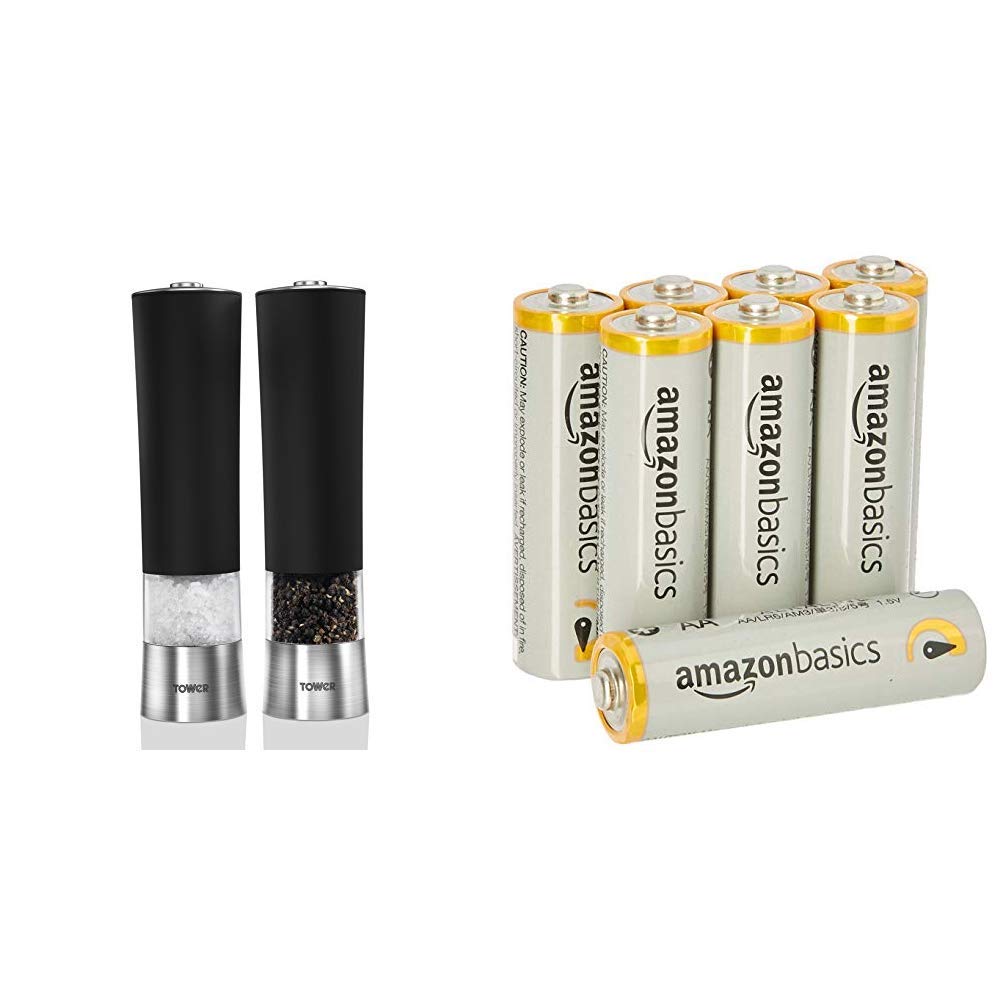 Tower Electric Salt and Pepper Mill Set with Light, Stainless Steel, Black & Amazon Basics AA Performance Alkaline Batteries [Pack of 8] - Packaging May Vary