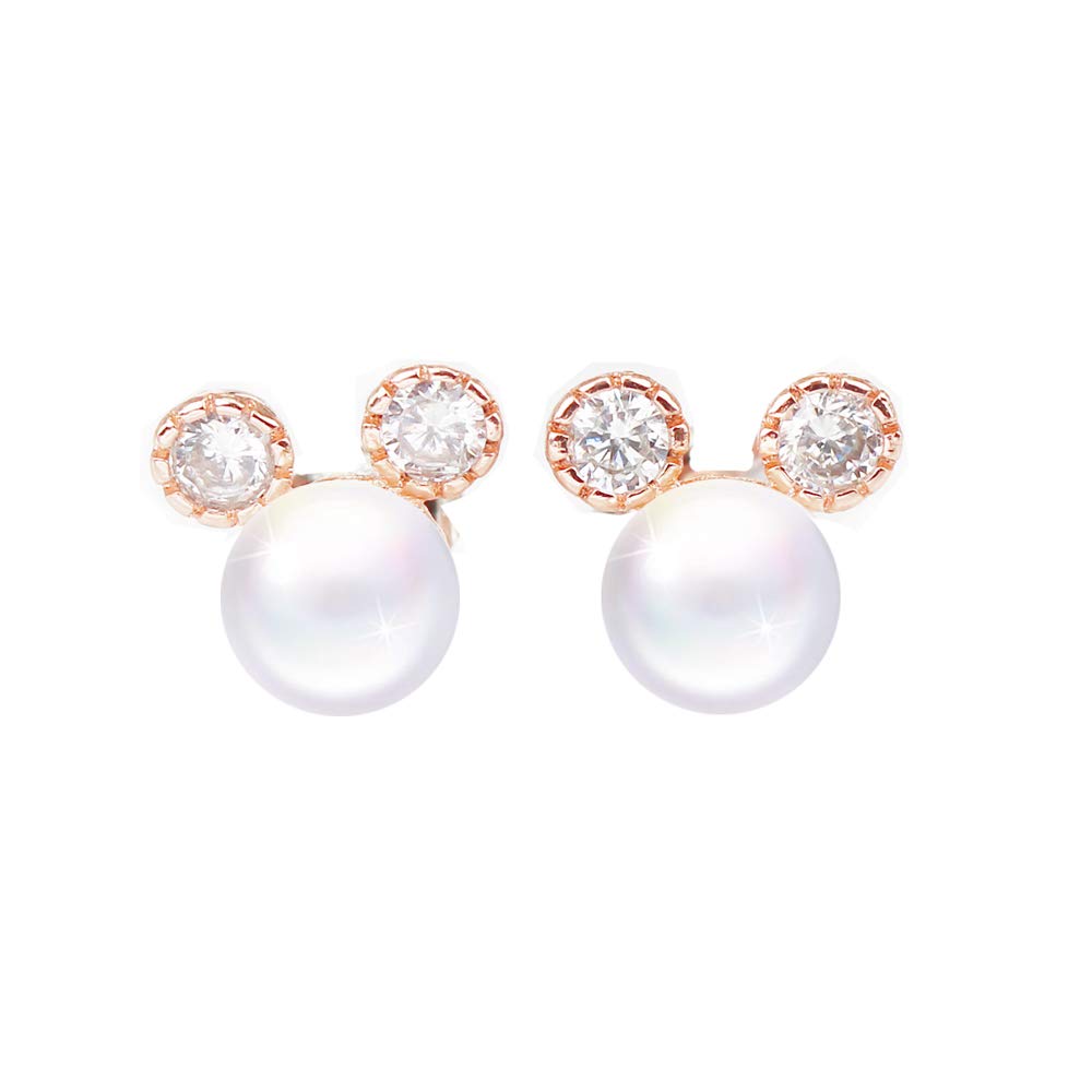 mixiueuro Mouse Stud Earrings, 925 Sterling Silver, Rose Gold Plated, 7mm Cubic Zirconia Pearls, Hypoallergenic, for Girls, Anniversary, Wedding Gift